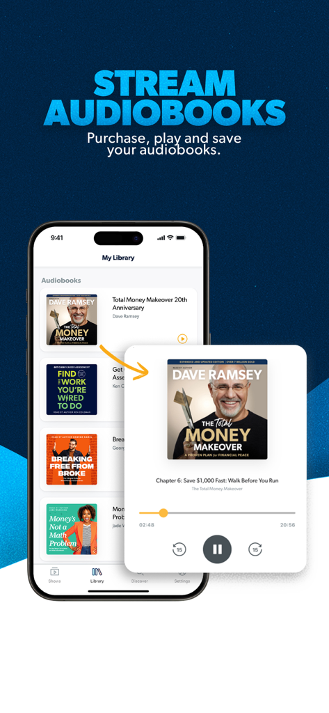 A mobile interface for the Ramsey Network app showing a library of audiobooks and a player for The Total Money Makeover by Dave Ramsey.