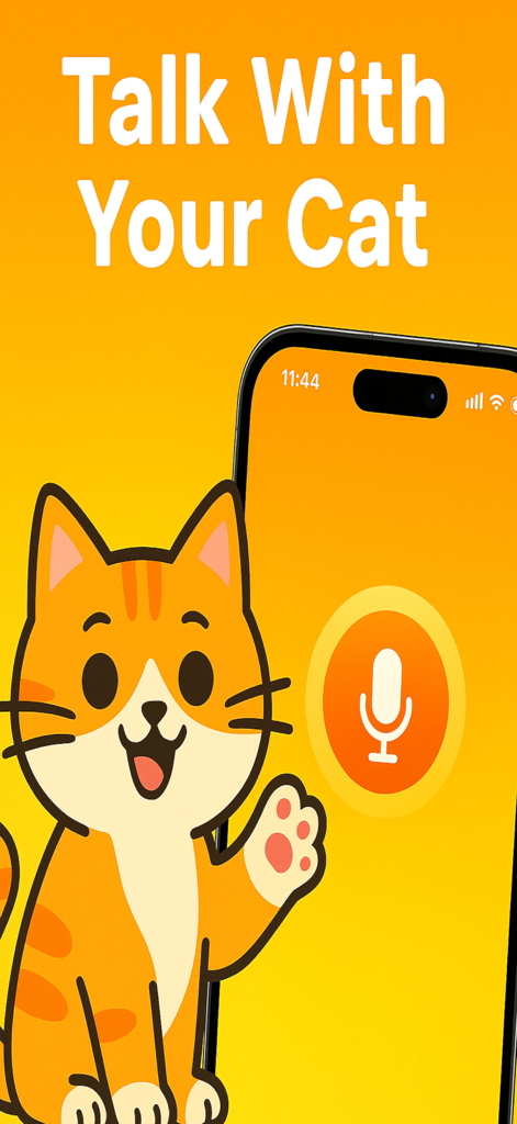 Human to Cat Translator - Meow - A cartoon cat waving next to a smartphone showing a microphone icon on a yellow background with the text Talk With Your Cat