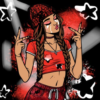 realistic teenage girl with braids and a beanie and crop top doing 🫶🏼