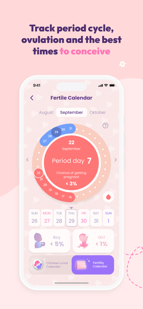 App Ovulio Baby mostrando un calendario de fertilidad con seguimiento del ciclo menstrual y predicciones de probabilidad de embarazo.