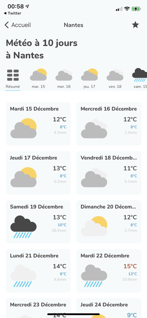 Meteociel - App Meteociel previsioni meteo 10 giorni per Nantes che mostra dettagli su temperatura e precipitazioni giornaliere