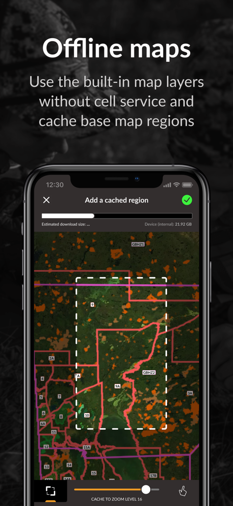 iHunter - Interface of the iHunter app showing how to select and download a map region for offline use without cell service.