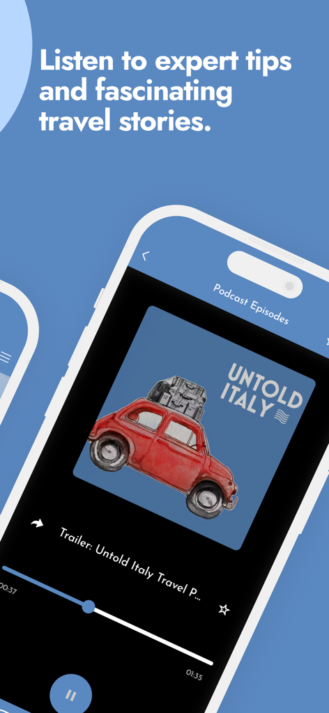 Untold Italy Travel Guide - Untold Italy app screen showing the travel podcast player interface with a red vintage car illustration
