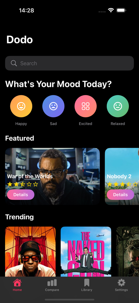Interface de l'application Dodo montrant la découverte de films par humeur avec des sections de films en vedette et tendances.