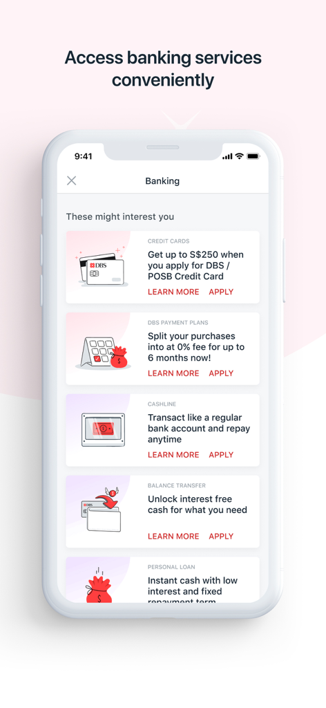 DBS PayLah! - DBS PayLah app screen displaying various banking services including credit cards and personal loans