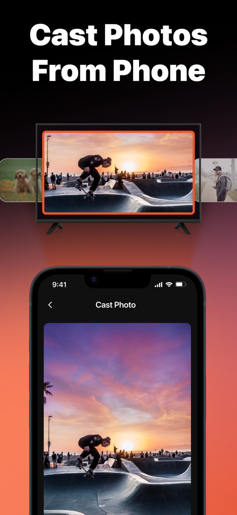 Remote Control ・TV ・Universal - iPhone screen casting a sunset skateboard photo to a smart TV using the universal remote app.