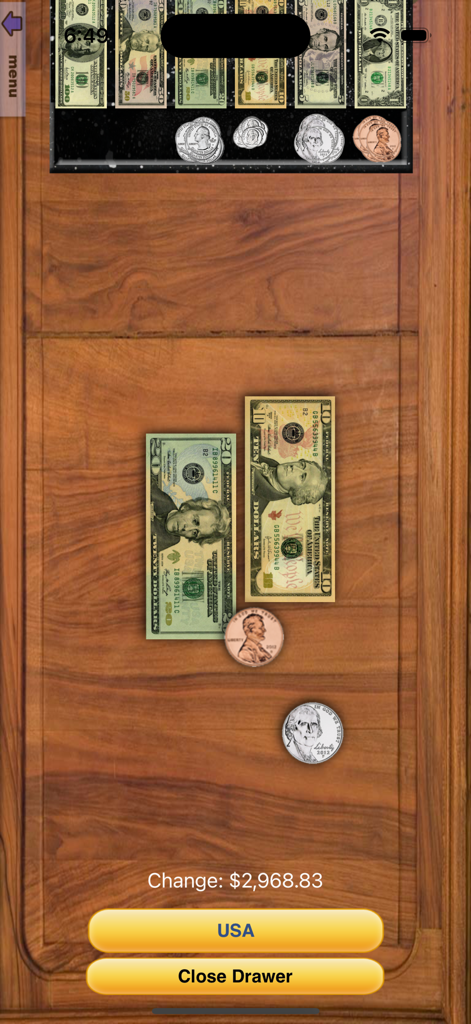 Digital cash drawer interface showing US bills and coins for educational play