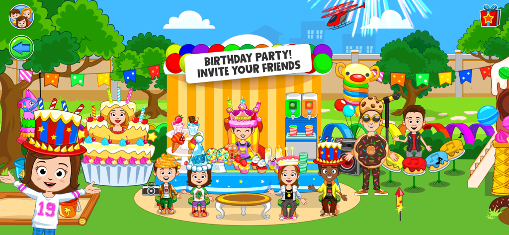 Characters celebrating a birthday party with cakes and costumes in a colorful park