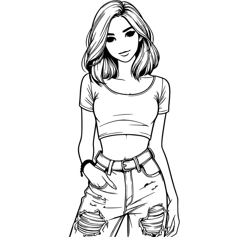 beautiful girl in crop tshirt and ripped denim realistic