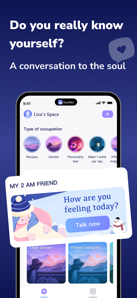 StarMet app interface featuring a My 2 AM Friend chat prompt for emotional support