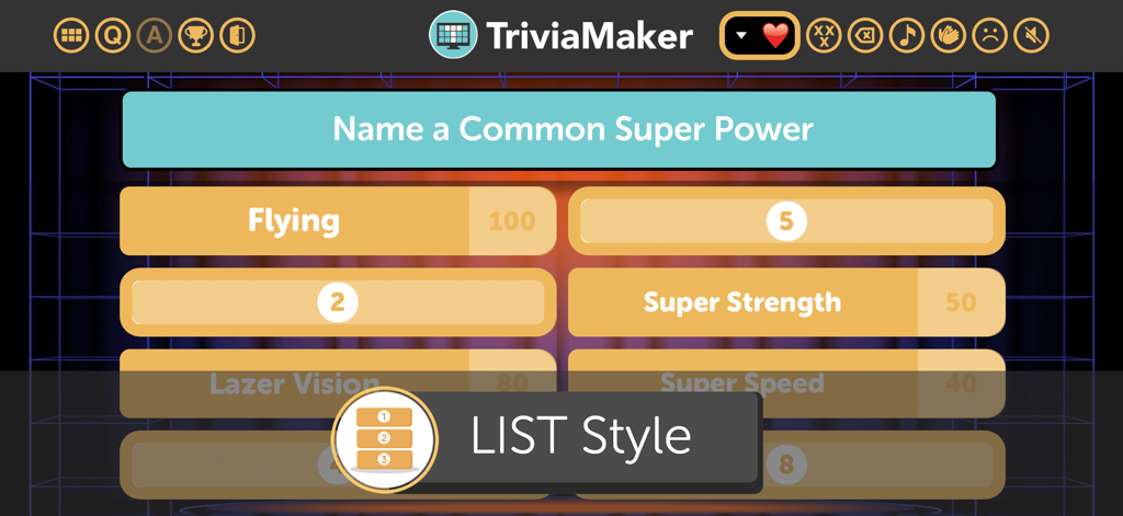 Trivia Maker - Quiz Creator - Una captura de pantalla de la aplicación Trivia Maker que muestra un juego de lista estilo Family Feud con la pregunta Nombra un Superpoder Común.