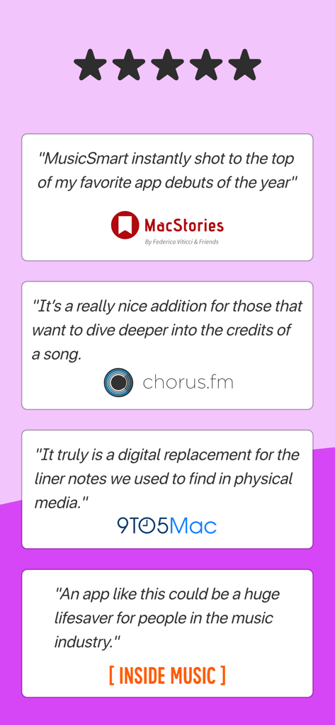 MusicSmart - Liner Notes - Five star ratings and press reviews for MusicSmart from MacStories 9to5Mac and other tech publications