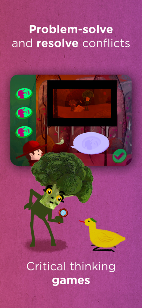 Wisdom app screenshot showing a critical thinking game for children to help them problem-solve and resolve conflicts