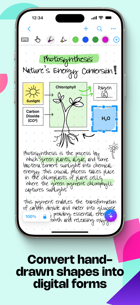 MyScript Notes app interface showing handwritten biology notes and a photosynthesis diagram being converted into clean digital shapes