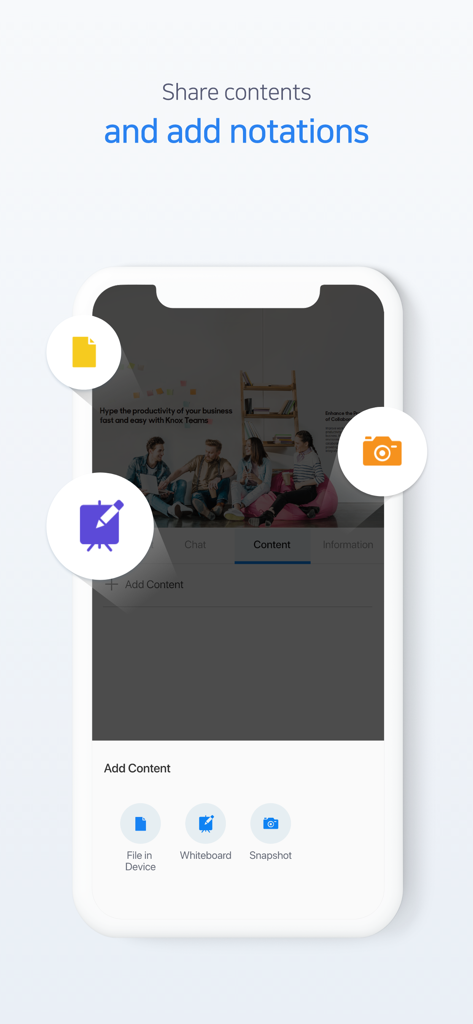 Interfaccia dell'app Knox Meeting che mostra le opzioni di condivisione dei contenuti, inclusi file, lavagna e istantanee.