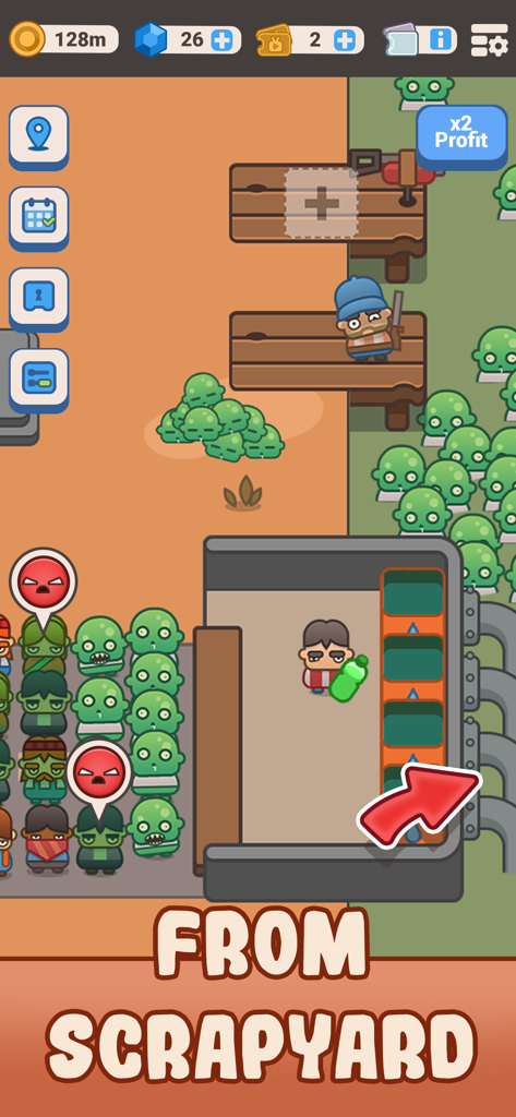 Idle Outpost Zombie Apocalypse - 생존자들이 줄을 선 좀비들에게 자원을 판매하는 종말 이후 무역소의 2D 게임 플레이 스크린샷
