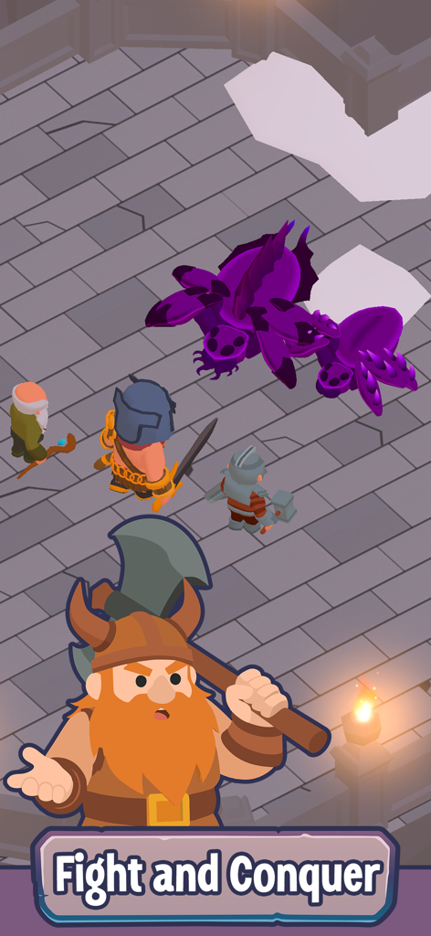 Dwarf Kingdom - Idle Survival - Dwarf characters confronting a giant purple monster in a dungeon with the text Fight and Conquer