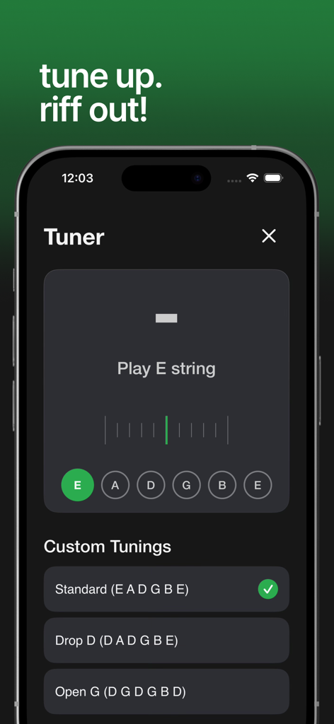 RiffKit Guitar Chord Generator - Tela de afinador de guitarra digital no aplicativo RiffKit com opções para afinações padrão e personalizadas