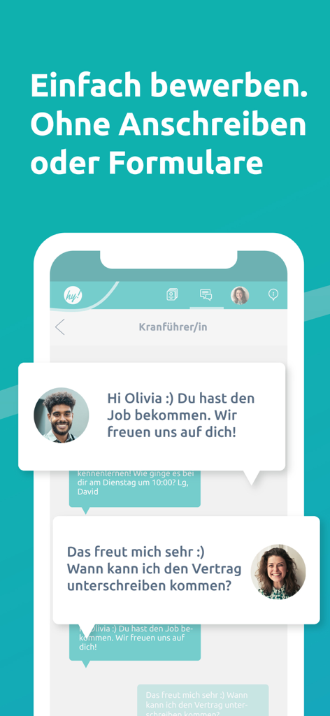 hokify - Jobsuche & Bewerbung - Pantalla de la aplicación hokify que muestra a un reclutador y un candidato chateando sobre una oferta de empleo