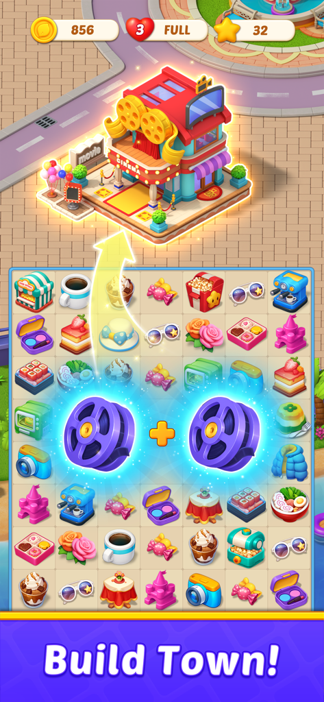 Home Match - Garden & Design - Un nivel de puzle de fusión en Home Match donde se combinan elementos para construir un cine.