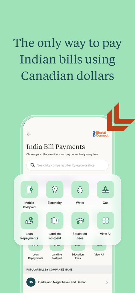 My Beacon - Interface of My Beacon app showing Indian bill payment categories like electricity water and education fees using Canadian dollars