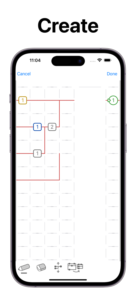 Interface of the LadderTouch app showing a ladder logic diagram being created on a mobile device
