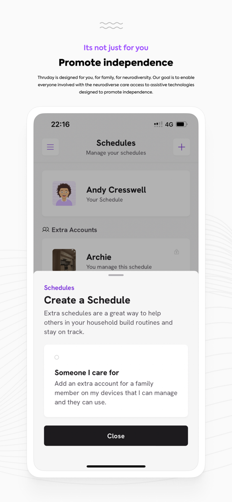 Thruday app interface showing schedule management and caregiver options to promote independence