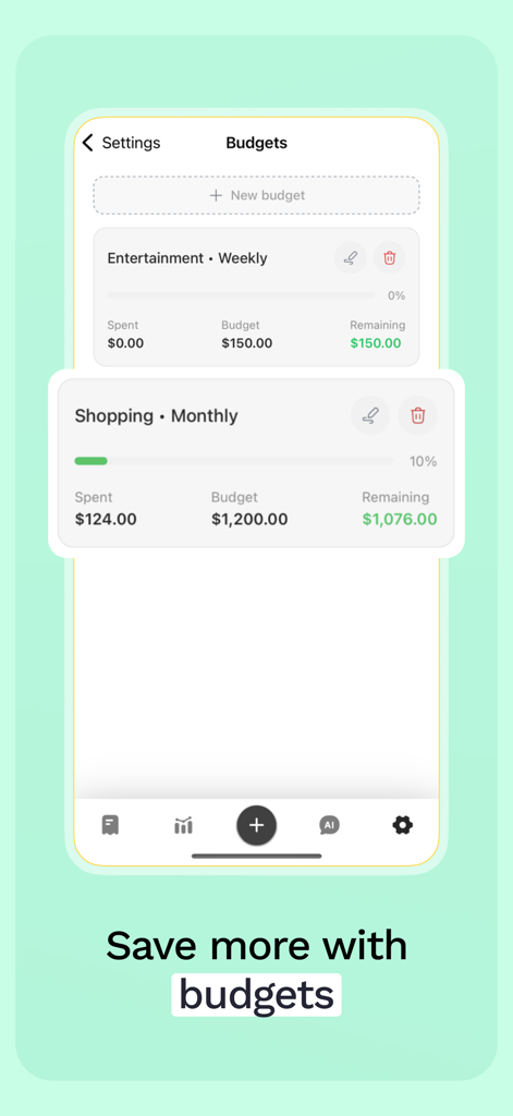 Spending Tracker: Sumi - Interface of the Spending Tracker Sumi app showing the budgets screen with weekly and monthly targets.
