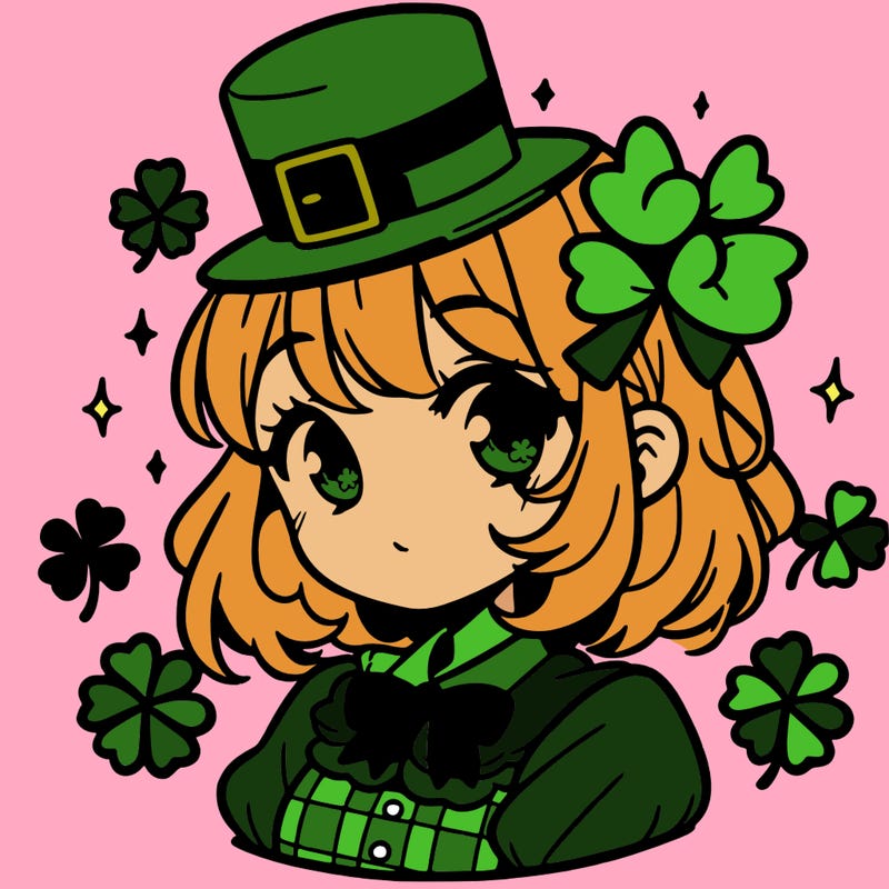 a manga-style girl with clovers around her, a little hat in her hair, like it's saint patrick's day