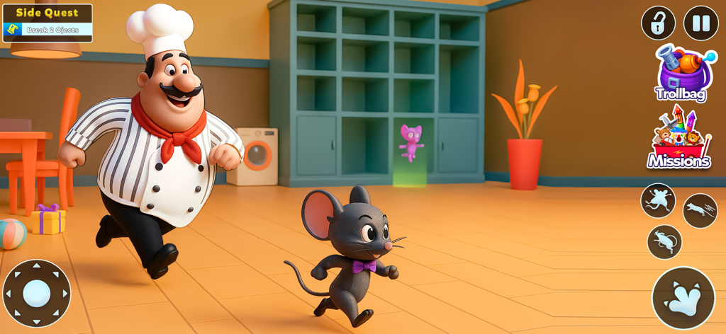 Sneaky Chef: Kitchen Pranks - A cartoon chef chasing a small mouse with a purple bowtie in a house setting