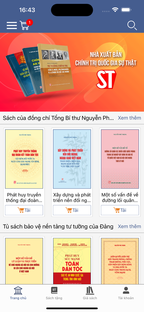 STBook-Chính trị quốc gia ST - STBook app interface showing Vietnamese political book collections and navigation menu