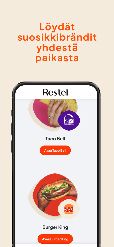 Restis - Restis mobile app interface displaying multiple restaurant brands including Taco Bell and Burger King for easy food ordering.
