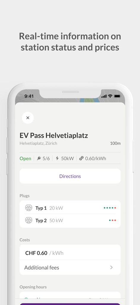 chargeON - Screenshot of the chargeON app showing real-time information on EV charging station status and prices.
