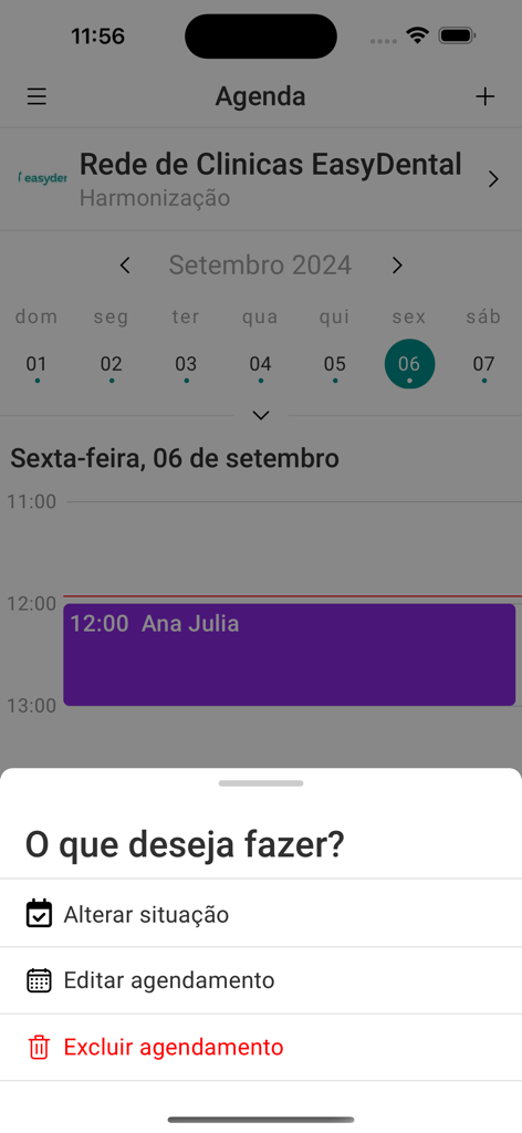 Tela do aplicativo EasyDental Mobile exibindo uma agenda diária e opções de gerenciamento de consultas, como editar e excluir