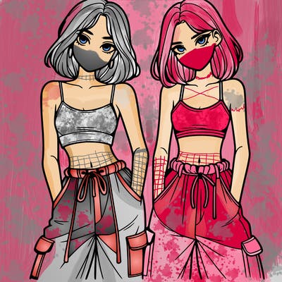 two girls with crop top with baggy pants
