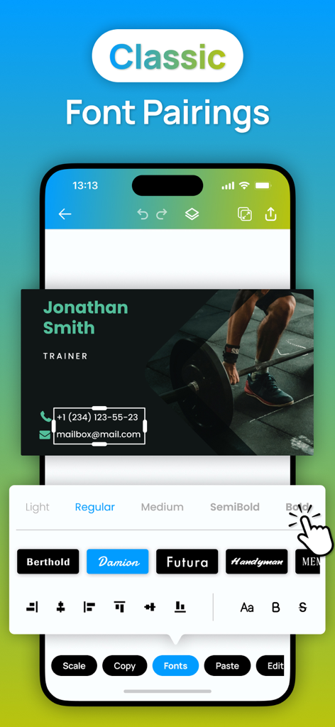 Business Card Maker : Editor - Interfaz de una aplicación creadora de tarjetas de presentación que muestra opciones de selección y estilo de fuente para una tarjeta profesional