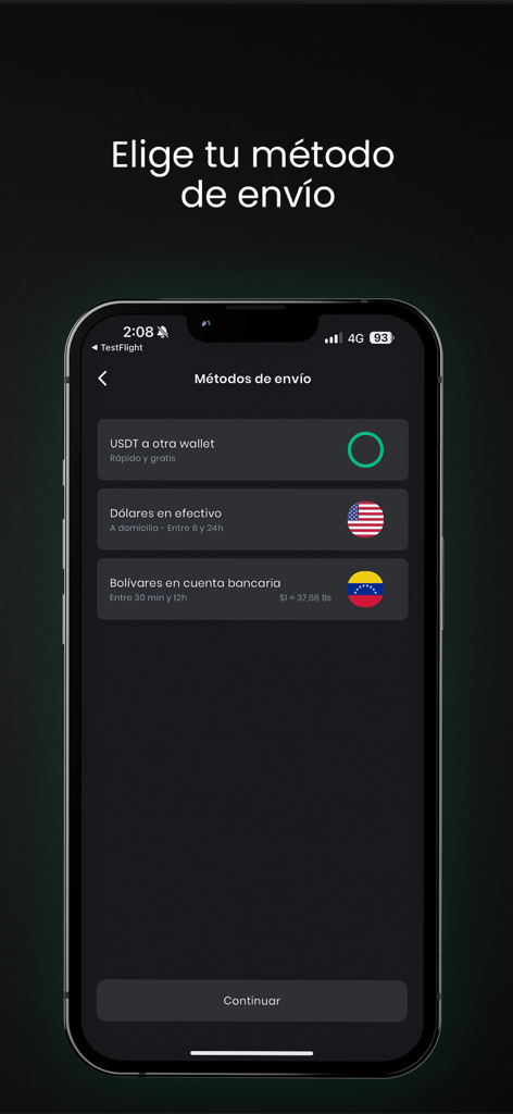 Coco Wallet - Banca Digital - Interface of Coco Wallet app showing options to send money via USDT cash dollars or Venezuelan bolivares