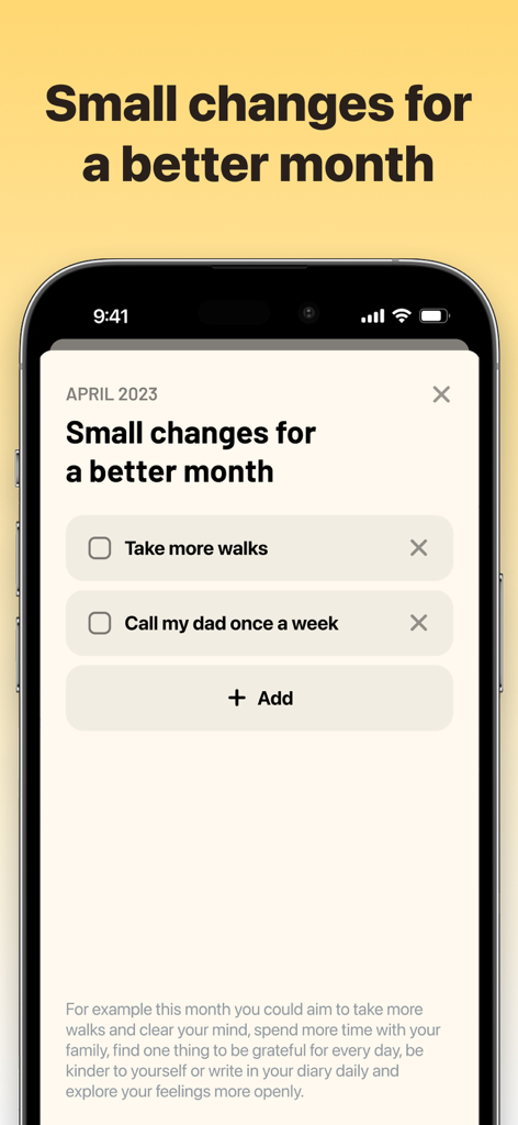 Solid Diary - AI Journal - Solid Diary app screenshot showing monthly habit goals and checklist