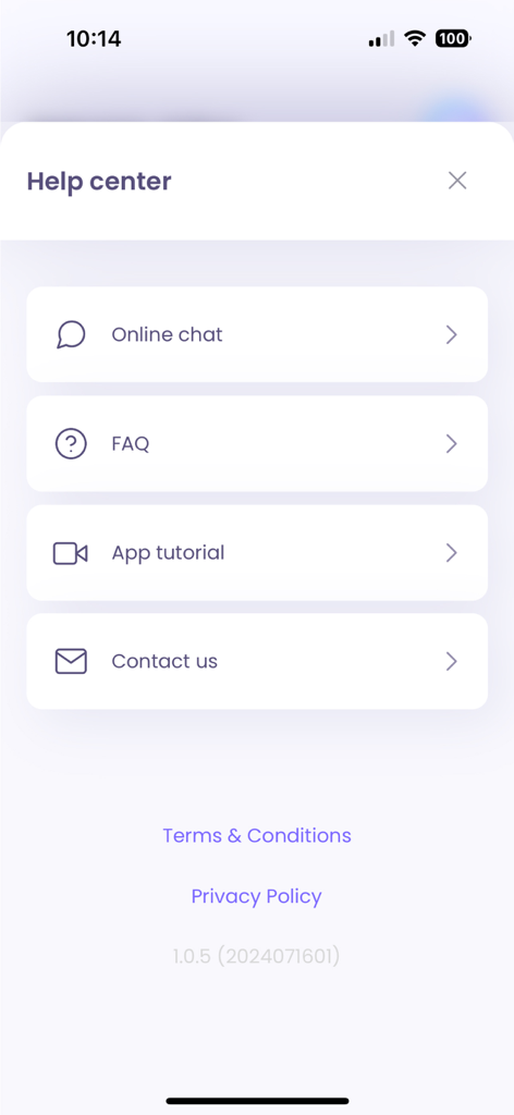 A tela Central de Ajuda do aplicativo SimOptions apresentando opções para chat online, FAQ, tutoriais do aplicativo e informações de contato.