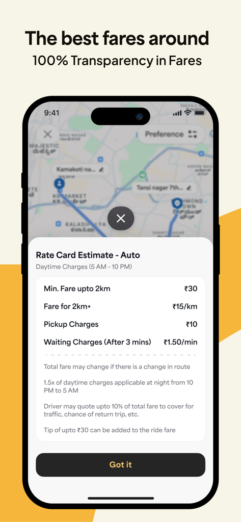 Namma Yatri - Ride Booking App - Namma Yatri app interface showing a transparent auto rate card with detailed fare breakdown