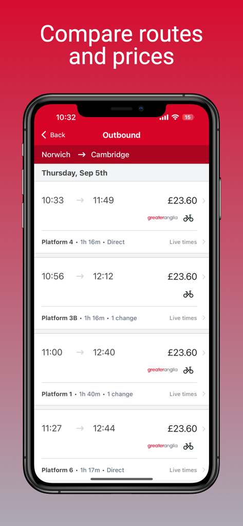 Greater Anglia app screen showing train times and ticket prices for Norwich to Cambridge