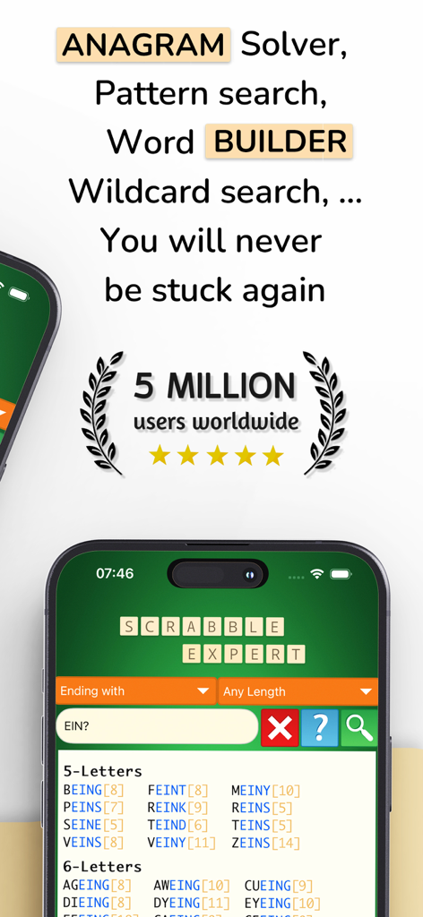 Word Expert app interface showing anagram solver and word builder for Scrabble players