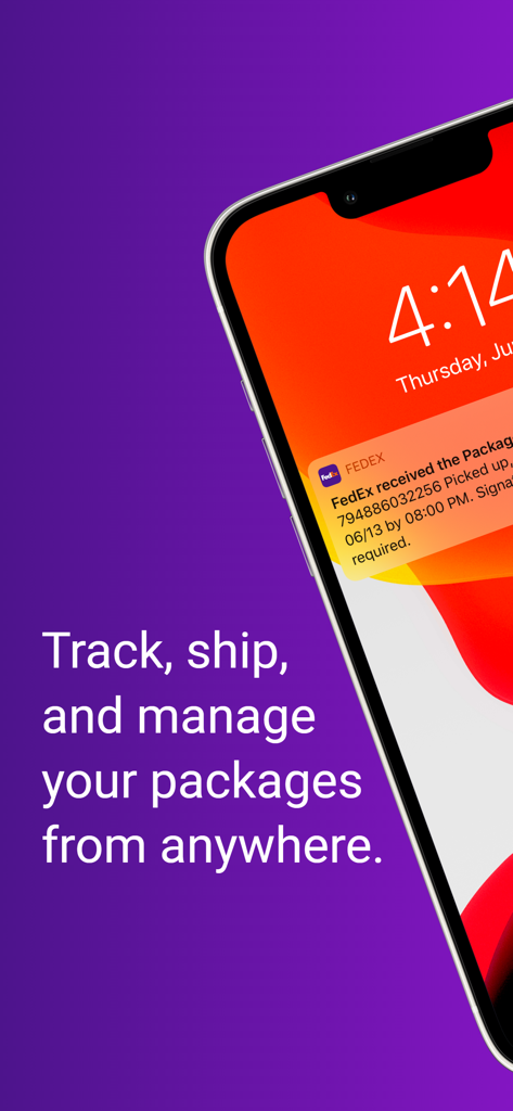 FedEx Mobile app showing a package delivery notification on a smartphone screen with text about tracking and shipping.
