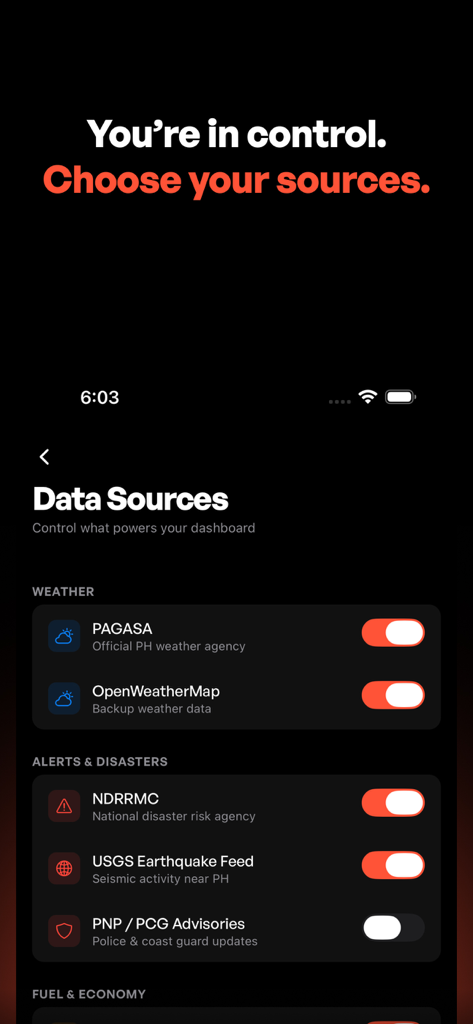 PulseBoard app interface showing customizable data sources for weather alerts and disaster monitoring