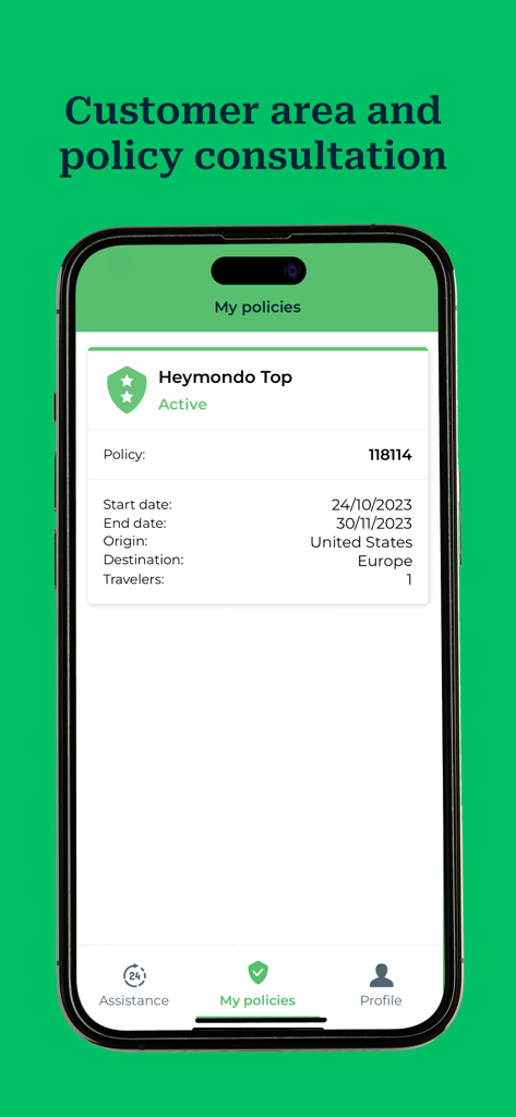 Heymondo app interface showing active travel insurance policy details for a traveler from the United States to Europe