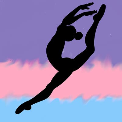 gymnast doing a leap in a leotard with a bent back leg