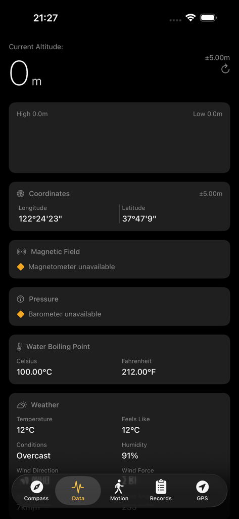 Compass: GPS Altimeter & Nav - A mobile app interface displaying real-time data including altitude GPS coordinates water boiling point and weather conditions