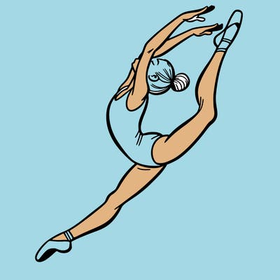 gymnast doing a leap in a leotard with a bent back leg
