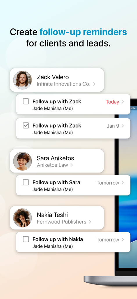Daylite - Mail, Calendar, CRM - Daylite app interface showing follow-up reminders for clients and leads.