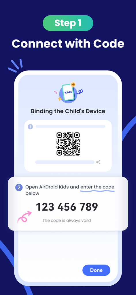 Setup screen showing how to bind a child device using a QR code and a nine digit pairing code in AirDroid Kids